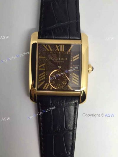 Knockoff Swiss Cartier Tank Watch Rose Gold & Brown Dial & Black Leather